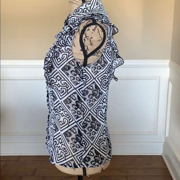 Lapis Sheer Patterned Ruffled Button Up Top EUC - Picture 3 of 8